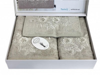 Набор полотенец махровых бамбуковых с гипюром в коробке KARVEN HS1717 FLOWERS V1 бежевый 30х50 (1шт), 50х90 (1шт), 70х140 (1шт)