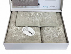 Набор полотенец махровых бамбуковых с гипюром в коробке KARVEN HS1717 FLOWERS V1 бежевый 30х50 (1шт), 50х90 (1шт), 70х140 (1шт)