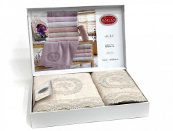 Набор полотенец махровых бамбуковых в коробке KARVEN HS1588 REINA бежевый 50х90 (1шт), 70х140 (1шт)