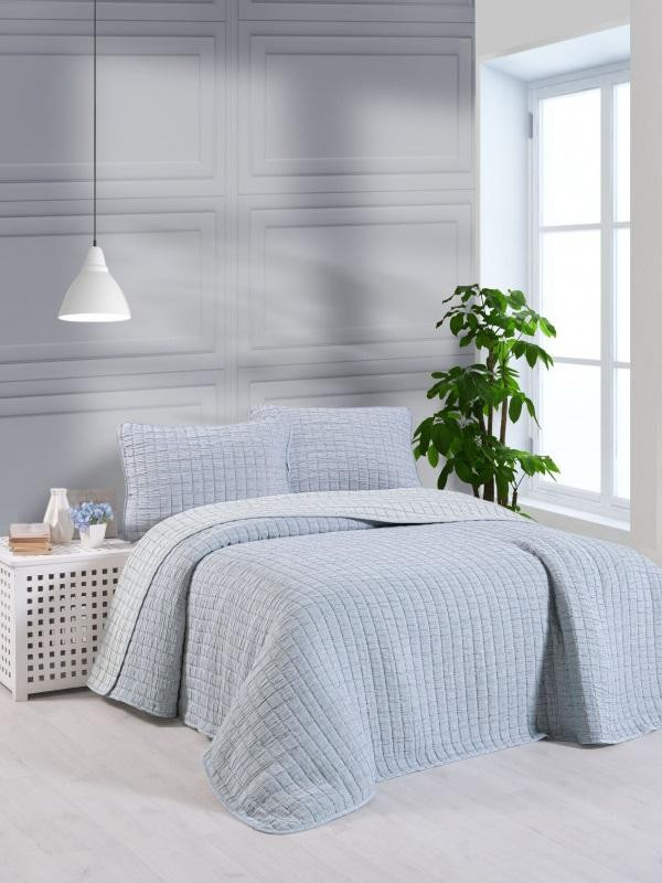 Покрывало тонкое из хлопка и микрофибры KARVEN Y836 MUSLIN KARE V2 темно-синее 240х250 с наволочками 50х70 (2шт)