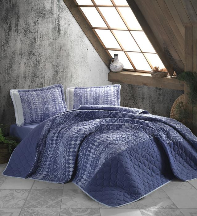 Покрывало из хлопка стеганое KARVEN Y923 COZA V2 MAVI 180х240 с наволочкой 50х70