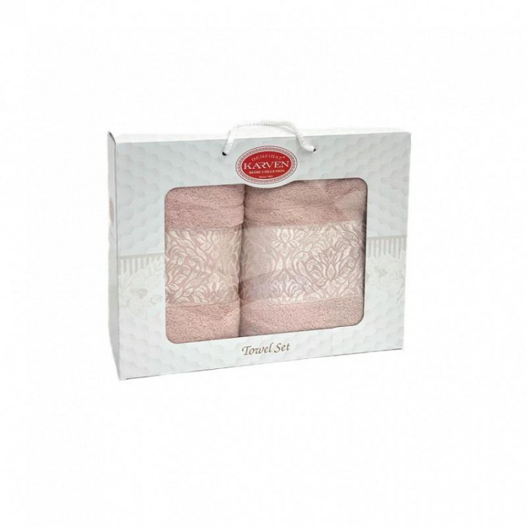 Набор полотенец махровых хлопковых KARVEN HS1693 INDIA DAMAKS V9 пудра 50х90 (1шт), 70х140 (1шт)