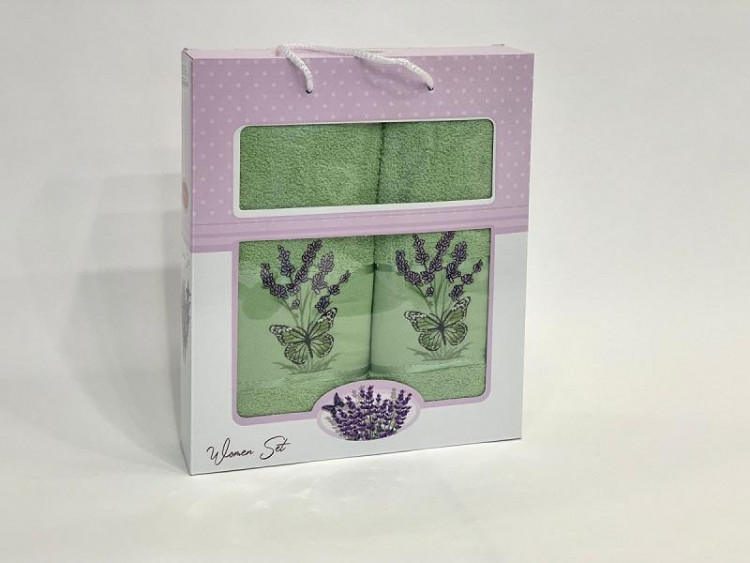 Набор полотенец махровых хлопковых KARVEN HS1610 LAVANTA KELEBEK V10 зеленый 50х90 (1шт), 70х140 (1шт)