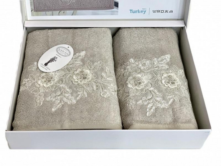 Набор полотенец махровых бамбуковых с гипюром в коробке KARVEN HS1716 FLOWERS V1 бежевый 50х90 (1шт), 70х140 (1шт)