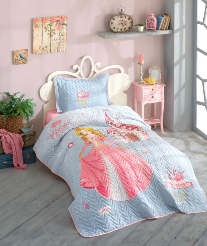 Покрывало детское из хлопка стеганое KARVEN Y923/1 CROWN V1 PEMPE 180х240 с наволочкой 50х70