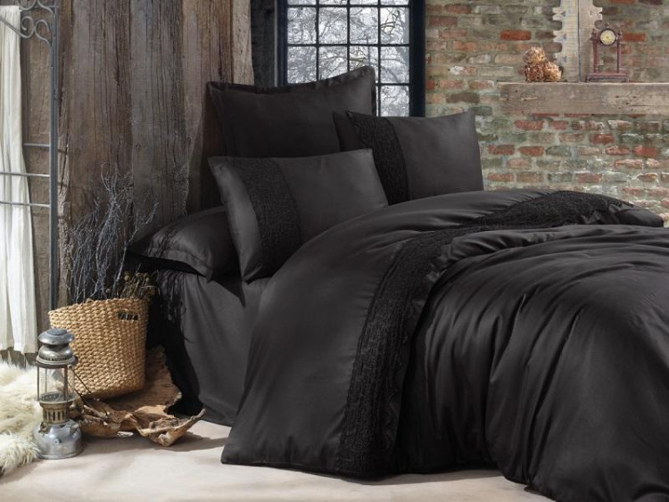 Постельное белье из сатина с кружевом KARVEN N267 GIZA V2 BLACK 50х70 (2шт), 70х70 (2шт) евро