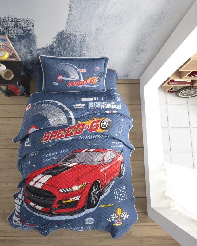 Покрывало детское из хлопка стеганое KARVEN Y923/1 EXTREME V1 MAVI 180х240 с наволочкой 50х70