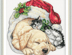 Набор для вышивания DIMENSIONS 08826 Щенок и котенок рождественским утром 15x15 см