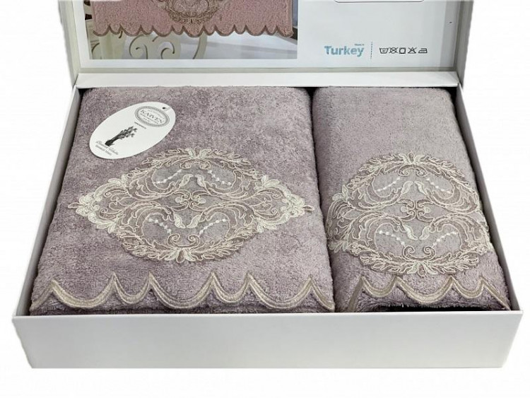 Набор полотенец махровых бамбуковых с гипюром в коробке KARVEN HS1716 DAMASK V4 лиловый 50х90 (1шт), 70х140 (1шт)