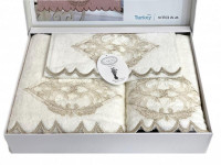Набор полотенец махровых бамбуковых с гипюром в коробке KARVEN HS1717 DAMASK V2 кремовый 30х50 (1шт), 50х90 (1шт), 70х140 (1шт)