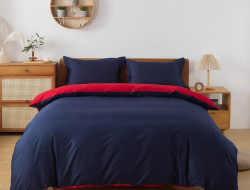 Постельное белье с простыней на резинке из сатина TANGO синее-красное евро