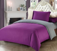 Постельное белье с простыней на резинке из сатина TANGO фуксия-серое евро