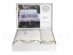 Набор полотенец махровых бамбуковых с гипюром в коробке KARVEN HS1712 KANAVICE кремовый 50х90 (1шт), 70х140 (1шт)